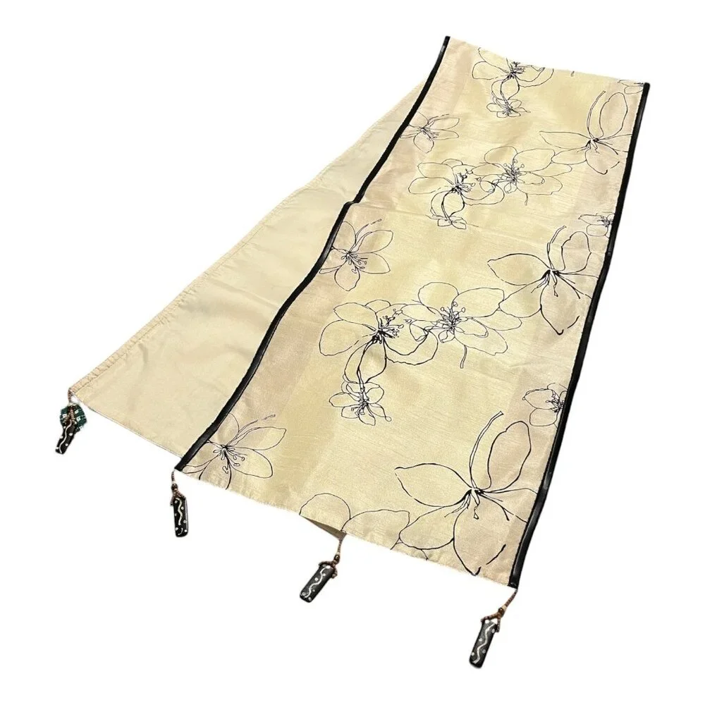 Pier 1 Imports Amherst Table Runner 72 x 14 Beige Floral Taupe Stripes Beaded Ta